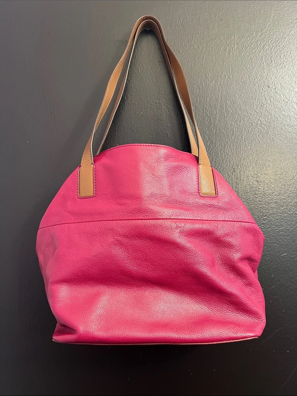 FOSSIL Berry Pink Leather Shoulder Tote with Tan Straps - Picture 2 of 3
